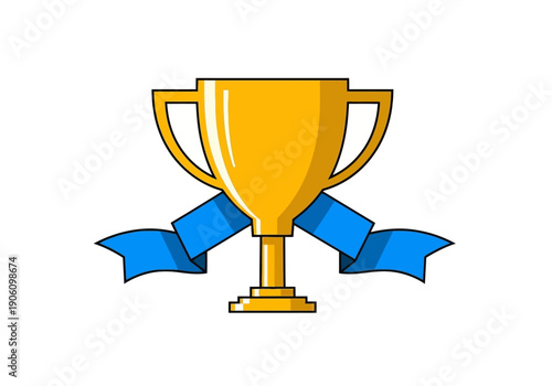 Champion's gold trophy cup with a blue ribbon, an isolated vector icon representing victory and first place award