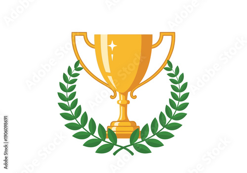 Gleaming golden trophy cup award with green laurel wreath for first place victory, symbolizing achievement and success