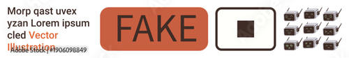 Fraud detection, online identity, misinformation, fake content, media authenticity, verification. Visuals include a Fake label, checkboxes and marks. Fraud detection and online identity concept