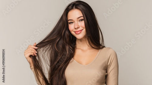 Young asian female with long brown hair smiling against neutral background.