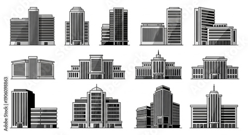 Set of modern city buildings and skyscrapers in black and white.