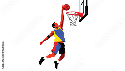 Dynamic Basketball Player Slam Dunk Illustration: Athlete scoring a basket with power and agility, vibrant vector art on white background.