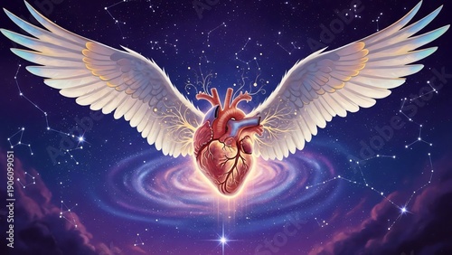 an illustration of a heart with wings in the sky