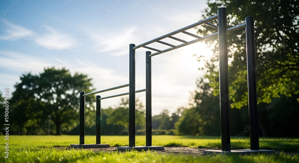 Fototapeta premium Empty outdoor gym equipment in a sunny park at sunrise.