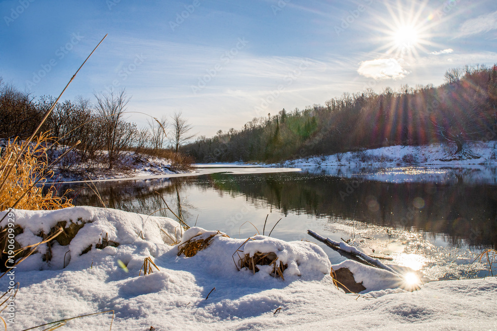 Fototapeta premium winter landscape with lake and mountains,