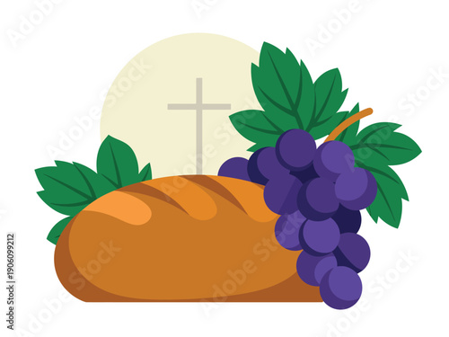 A symbolic illustration of bread and grapes with a cross in the background representing Christian communion or holy eucharist