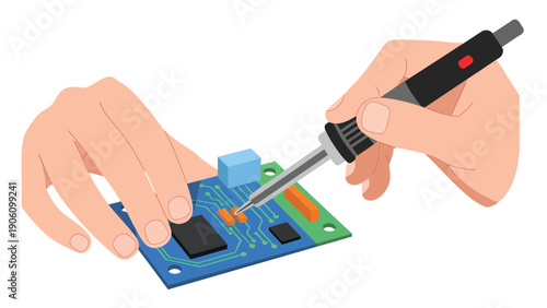 Hands Soldering Electronic Components on Printed Circuit Board with Soldering Iron