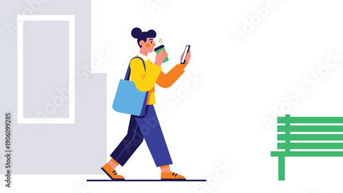 Modern flat illustration of a young woman walking, drinking coffee, and using a smartphone in an urban setting.