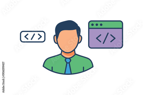 Cartoon programmer or coder illustration with coding symbols