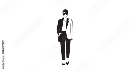 Stylish woman in a blazer and pants walking confidently.