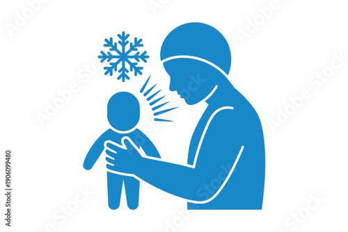 Blue Icon of Person Experiencing Cold Weather with Snowflake and Hand