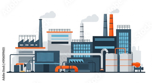 Industrial factory complex producing goods and emitting smoke from chimneys.