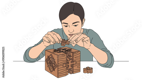Man assembling a complex 3D wooden puzzle cube, focused on problem-solving and hobby activity