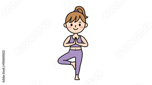 Smiling cartoon woman in purple sportswear performing yoga tree pose, balance exercise illustration