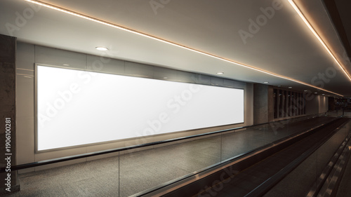 Long blank advertising billboard mockup on wall beside airport moving walkway, modern corridor interior with glass railing, ceiling lights, perspective view, huge copy space for branding