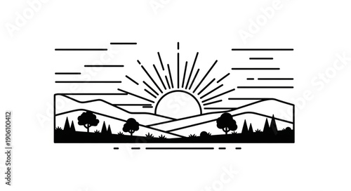 Minimalist sunrise over mountain landscape with trees and hills.