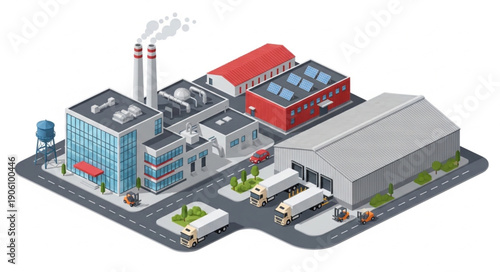 Isometric Industrial Factory with Warehouses and Delivery Trucks.