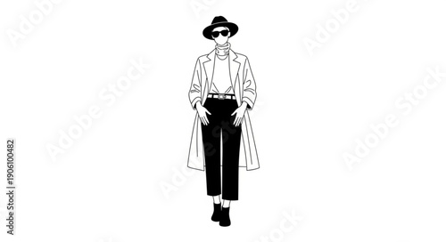 Stylish person wearing a hat and sunglasses in full-length view.