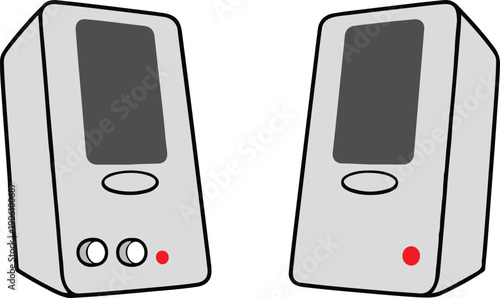 Pair of grey desktop computer speakers with power indicators, clean flat vector illustration
