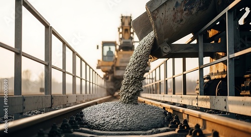Concrete being poured onto railway tracks from a machine during construction