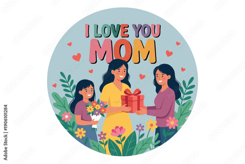 Obraz premium A heartwarming illustration of a mother and her two daughters exchanging gifts and flowers on a special day
