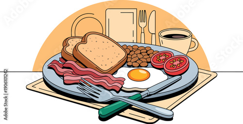 A delicious breakfast plate with bacon, eggs, toast, and coffee on a table