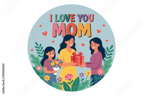 A heartwarming illustration of a mother and her two daughters exchanging gifts and flowers on a special day