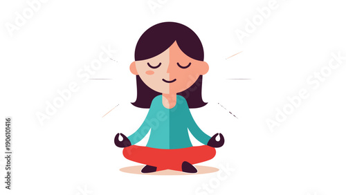 Peaceful Woman Meditating in Lotus Pose, Symbolizing Mindfulness, Zen, and Mental Well-being. Flat Design Illustration.