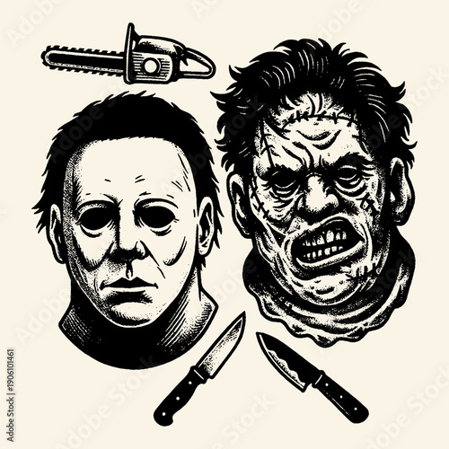 Iconic Horror Movie Villains Michael Myers and Leatherface with Knives and Chainsaw, Vintage Halloween Themed Illustration Set