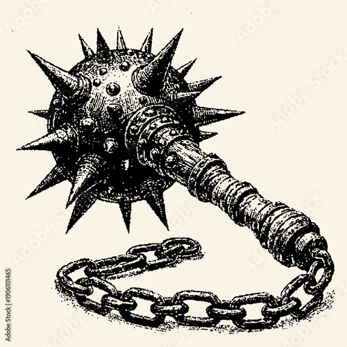 Vintage Engraved Style Medieval Spiked Flail Mace Weapon with Chain, Ancient Brutal Combat Tool Illustration