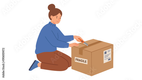 Woman unboxing a fragile package with a knife, flat vector illustration