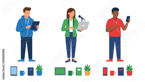 Diverse Individuals Engaging with Digital Technology: Tablet, Laptop, & Smartphone Users with Everyday Essentials Illustration