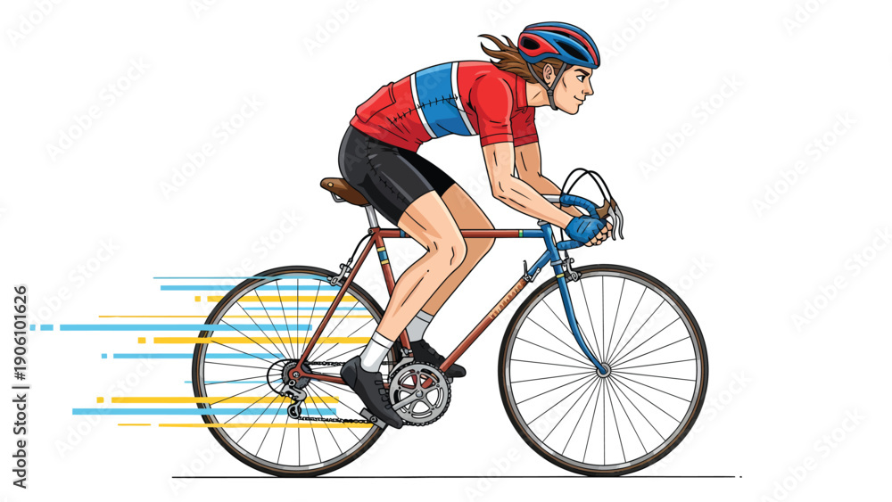 Naklejka premium Dynamic Road Cyclist Illustration with Speed Lines. Person on Bicycle in Helmet and Jersey.