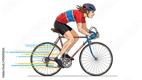 Dynamic Road Cyclist Illustration with Speed Lines. Person on Bicycle in Helmet and Jersey.