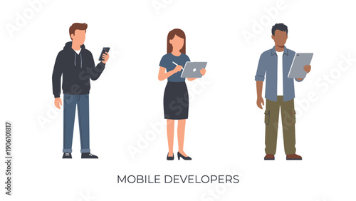 Diverse Mobile Developers Using Digital Devices Flat Illustration