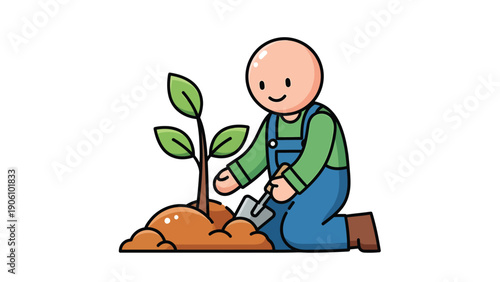 Smiling cartoon person planting a young tree seedling in soil with a trowel. Gardening, nature, growth, and environmental care.