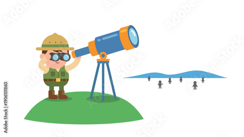 Cartoon explorer with binoculars and telescope observing a distant landscape, discovery and adventure concept illustration