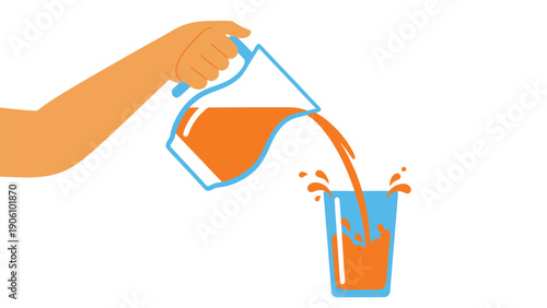 Pouring orange liquid from a pitcher into a glass, refreshing drink concept