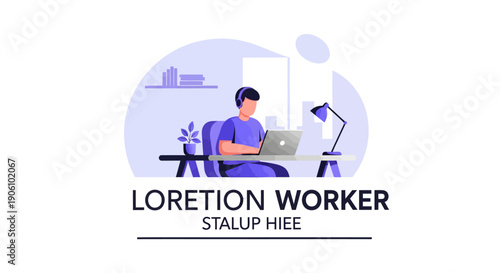 Man working on laptop at desk with lamp and plant.