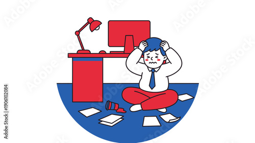 Burnout at work: Stressed employee overwhelmed by tasks, sitting on floor amidst papers in office.