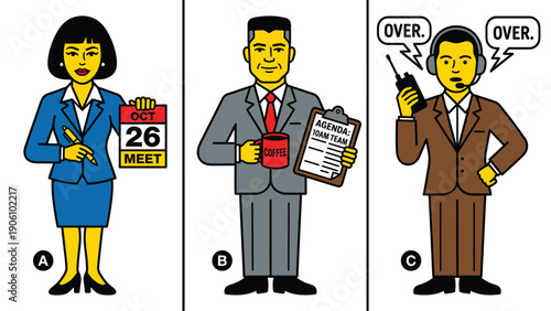 Cartoon Business Professionals: Office Management, Meeting Planning, and Communication Teamwork.