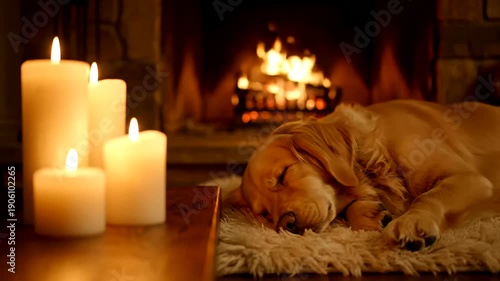 A relaxed golden retriever sleeps soundly on a plush rug before a fireplace, embodying perfect Cozy Home Decor with the enchanting Amber Candlelight Glow illuminating the warm, peaceful ambiance.