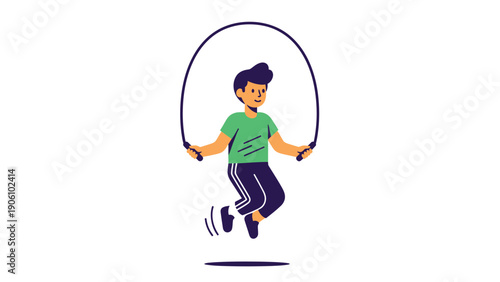 Happy Boy Skipping Rope. Flat Vector Illustration of Child Exercising and Playing. Kids Fitness and Active Lifestyle.
