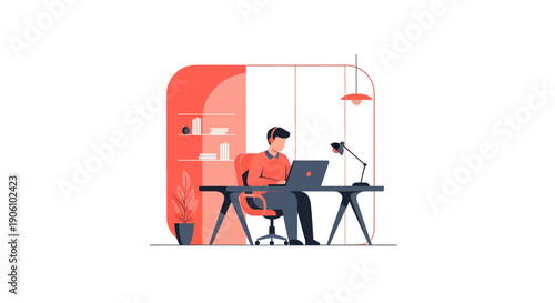 Man working on laptop in modern office setting.