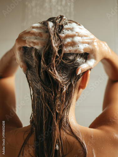 Woman with long brown hair washing her hair with shampoo in a shower, water cascading down, soap suds visible on her hair and hands
