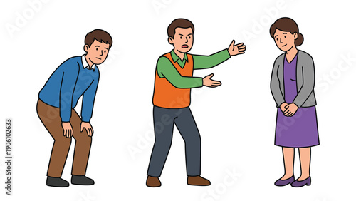 Diverse emotional states illustrated: tired man, arguing man, sad woman. Cartoon characters showing human feelings & body language.