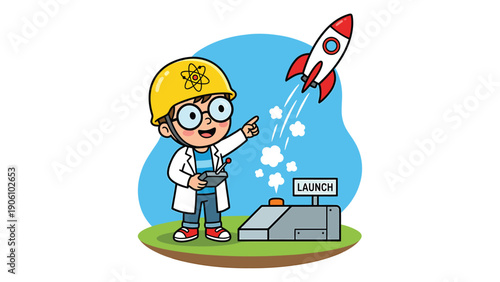 Happy Little Scientist Launching Space Rocket. Cute Cartoon Kid Engineer with Remote Control. Science & Innovation Concept.