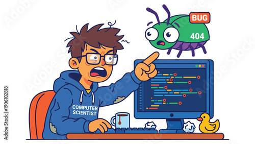 Computer Scientist Debugging Code with Cartoon Bug and 404 Error