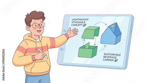 Sustainable Beverage Packaging Concept Presentation on Tablet by Young Man