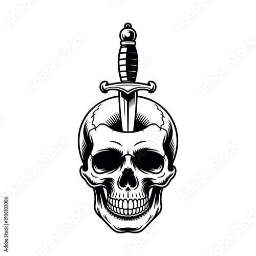 A black and white illustration of a skull with a dagger through it on a plain background